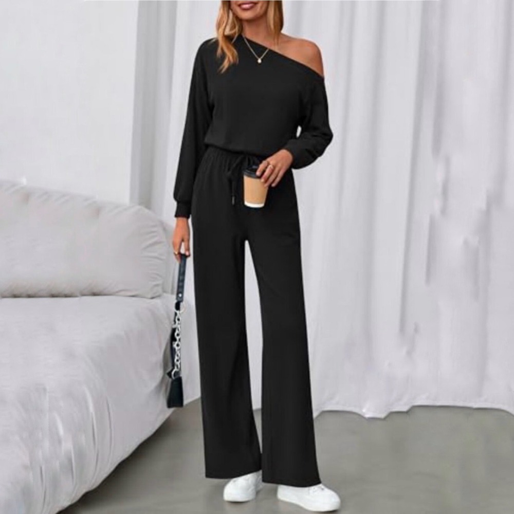 Spanx AirEssentials Off Shoulder Wide Leg Jumpsuit Very Black Long Sleeve Small